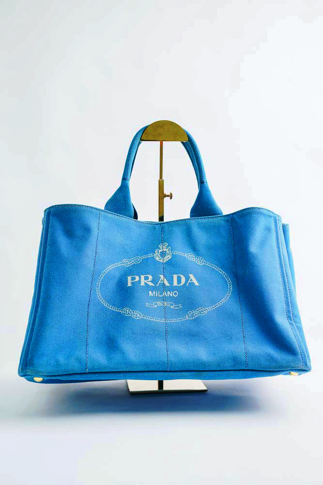 PRADA BN1872 麻質帆布托特包（淺藍）