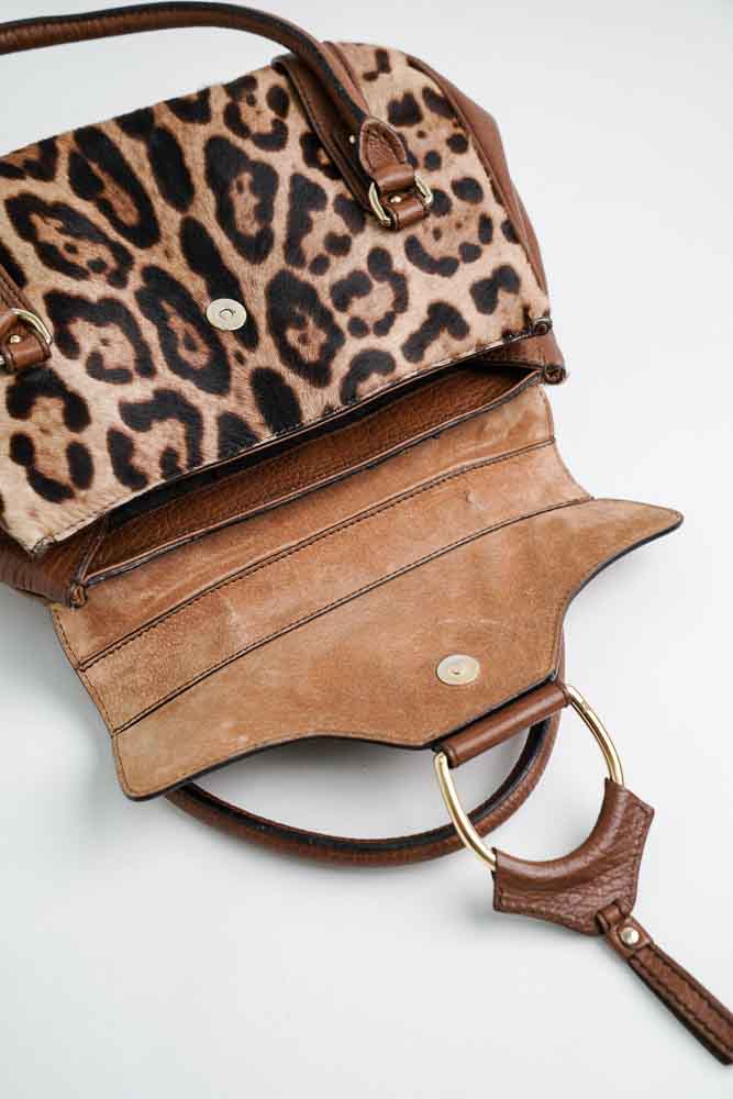 DOLCE & GABBANA 豹紋皮革 D 形環手提包